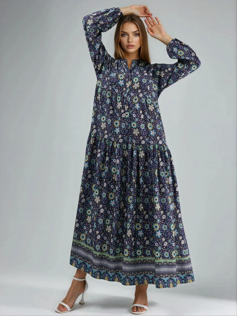HICCUP Printed V-Neck Maxi Dress with Buttons
